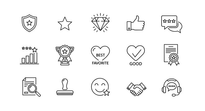 Quality control, customer satisfaction, and service excellence line icon set. Vector symbols for review, rating, award, guarantee, best choice, and positive feedback.