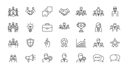 Teamwork and business line icon set for management and corporate collaboration. Vector pictograms for partnership, strategy, success, communication, leadership and project development.