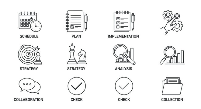 Set of business management and project strategy thin line icons. Includes schedule, planning, implementation, analysis, collaboration, checking, and data collection concepts. Vector.
