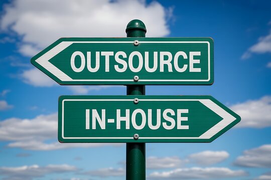 Decision point for businesses two directional signs indicating the choice between outsourcing services and keeping operations in house under a blue sky