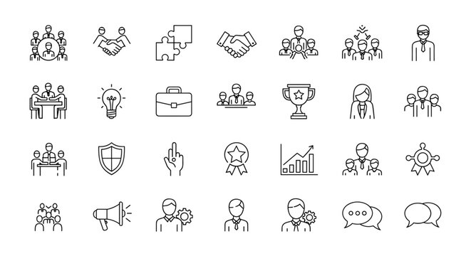 Teamwork and business line icon set for management and corporate collaboration. Vector pictograms for partnership, strategy, success, communication, leadership and project development.