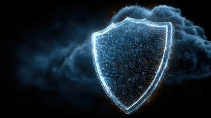 Digital shield representing cybersecurity concept and protection in a cloud environment with glowing circuit patterns