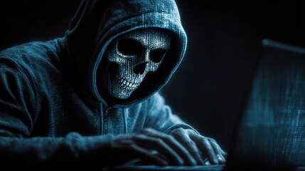 Cyber criminal in a hooded sweatshirt typing on a laptop surrounded by dark blue light