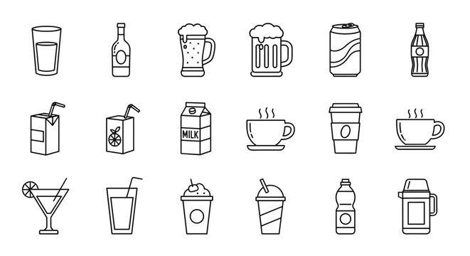Set of drink and beverage thin line icons. Collection of various drinks like coffee, beer, soda, juice, milk, cocktail, water. Vector outline symbols for menu or web.