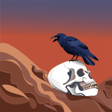 Black bird perched on a skull on hot sand in a desert landscape