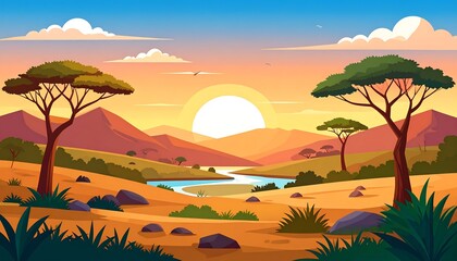 Sunrise over a desert river valley