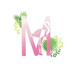 Flamingo summer family monogram. Latin letter M on white background
