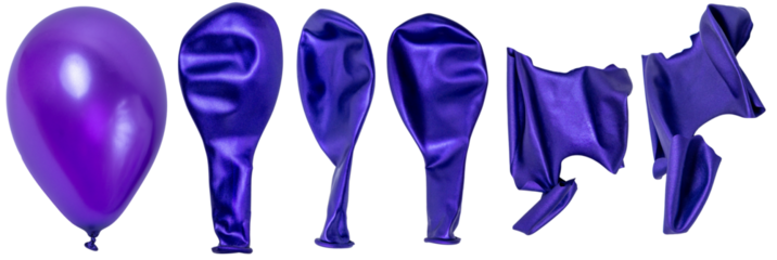 Isolated set of blue inflated, deflated and torn balloon on a white background