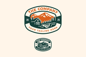 farm landscape with barn and mountains retro badge logo design for outdoor and organic. countryside nature with pine trees and river vintage illustration patch design for adventure wilderness.