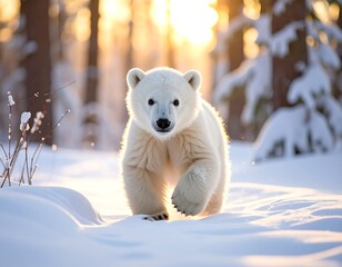 Naklejka premium A charming polar bear cub walks towards the camera in a snowy forest bathed in warm sunlight