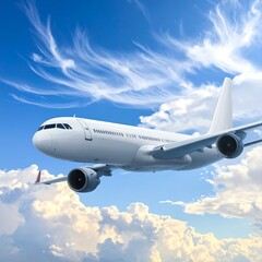 Obraz premium A white passenger jet soars high above fluffy white clouds, under a bright blue sky