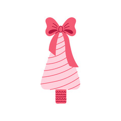 Girlish Christmas Tree with Ribbon top. Hand drawn Holiday Pine with pastel candy colors and tied bow for cute winter card, invitation, and feminine Xmas decor. Playful flat vector illustration