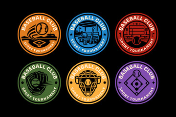 baseball club with field and gear retro badge logo design set for sport tournament. baseball team with bat, glove, helmet, ball, scoreboard, stadium vintage emblem element design. vector illustration
