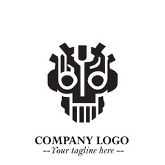 Head of Robot Logo Symbol in Black on the White Background Futuristic Minimalist Illustration
