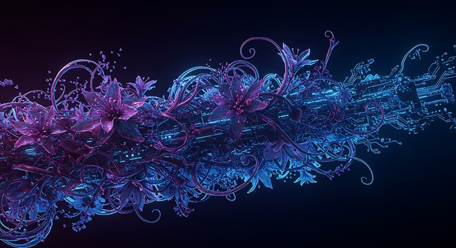Dynamic fusion of luminous blue and purple organic elements, a digital stream of abstract foliage and sparkling particles against a deep backdrop