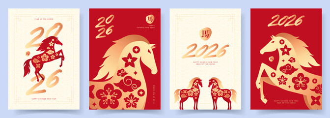 Chinese New Year 2026 posters collection. Trendy vector cards with Chinese patterns, horses in red and gold colors, adorned with authentic Chinese symbols. Hieroglyphic means horse. Concept flyers.