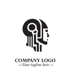 Head of Robot Logo Symbol in Black on the White Background Futuristic Minimalist Illustration