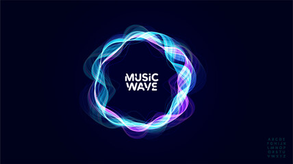 Music wave sound waveform audio bass beat circular wavy rings radial glow equalizer pulse round glowing soundwave with bold round font logo alphabet for radio dj, edm, podcast. Vector illustration