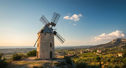 Ancient stone windmill on a hill overlooking a valley, bathed in warm sunlight with blue sky
