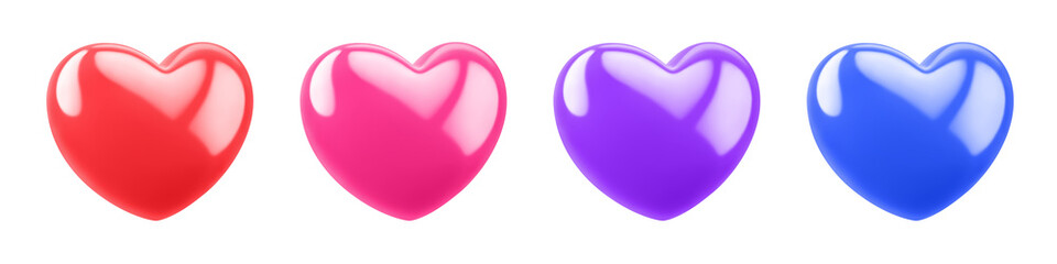 Set of glossy heart icons in red, pink, purple and blue. Clipping path included