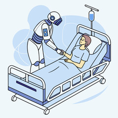 Robot doctor assisting patient in hospital bed with medical care and support