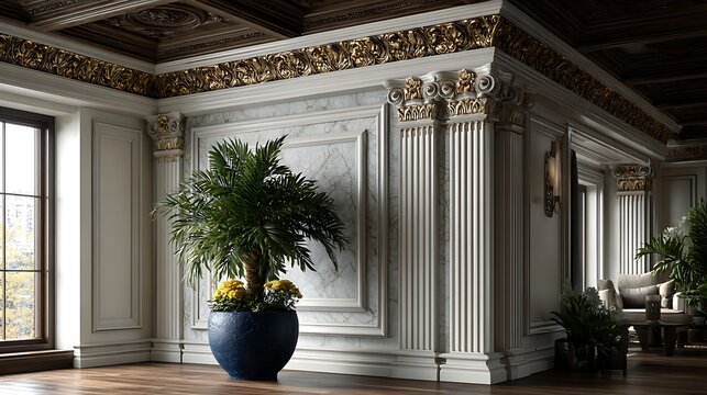 Classic interior with decorative ceiling medallions and ornate cornices.