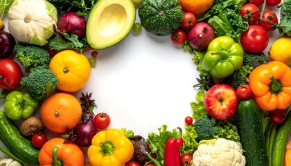 A vibrant assortment of fresh, colorful, and healthy produce arranged on a white backdrop