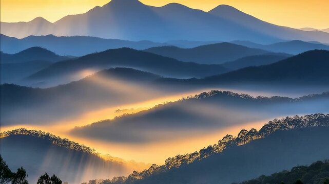 Golden sunbeams stream through layers of misty blue mountains at sunrise