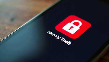 Mobile Screen Displaying Identity Theft Lock Symbol for Security Awareness, Privacy Education, Online Safety Campaigns, and Fraud Prevention Resources