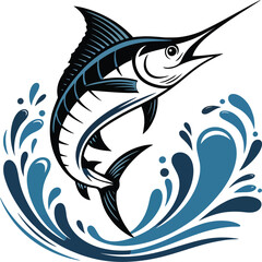 Dynamic leaping marlin with a powerful water splash silhouette