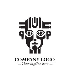 Head of Robot Logo Symbol in Black on the White Background Futuristic Minimalist Illustration