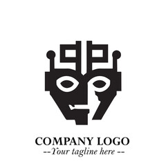 Head of Robot Logo Symbol in Black on the White Background Futuristic Minimalist Illustration