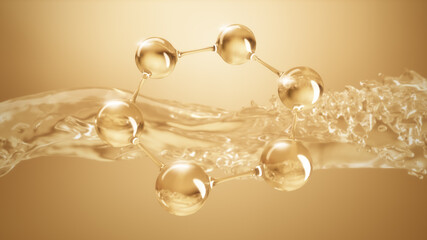 Gold molecule structures with  liquid flowing background, 3D rendering