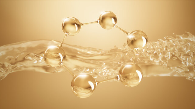 Gold molecule structures with  liquid flowing background, 3D rendering