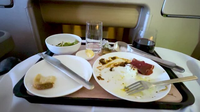 Used Airline Meal Tray in Business Class Cabin