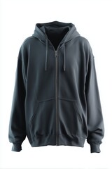 Dark grey zip up hoodie, solid color, front view, studio lights, isolated on white.