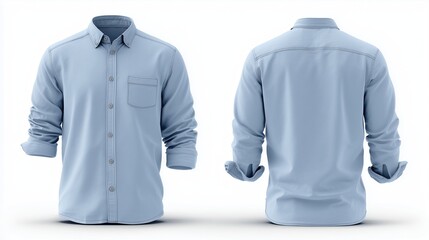 Light blue long-sleeved shirt, simple design, folded sleeves, isolated on a white background, simple style.