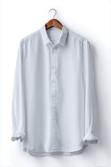 Long-sleeved shirt, simple design, folded sleeves, isolated on a white background, simple style, with hangers.