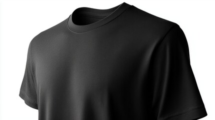 Close-up of a black slim fit t-shirt, cut out on white, with clean silhouettes and a highly detailed mock-up model.