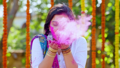 Portrait of an Indian woman celebrating Holi by blowing Holi powder.
