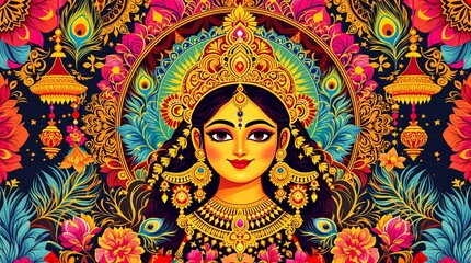 Goddess Durga Face in Happy Durga Puja Subh Navratri Indian religious header banner background.