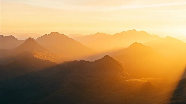 Sun rays stream over hazy mountain silhouettes during a glorious golden hour