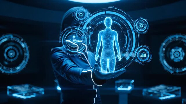 Cyborg researcher inspects hologram interface. Woman android stands in a futuristic lab. Ai technology projects a human diagnostic model. Robot presence highlights advanced interface design. Holo