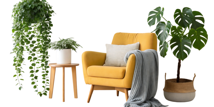 Cozy Living Room Interior with Yellow Armchair and Plants Modern Home Decor - Powered by Adobe