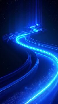 Glowing blue path leads to bright light in dark starry space