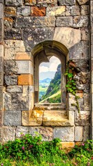 Ancient stone window frames a vibrant mountain vista, with greenery and flowers at the sill