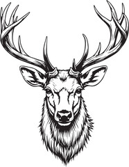 Naklejka premium A regal deer head with magnificent antlers in a detailed line art illustration. Capturing the strength and elegance of nature's majestic creature.