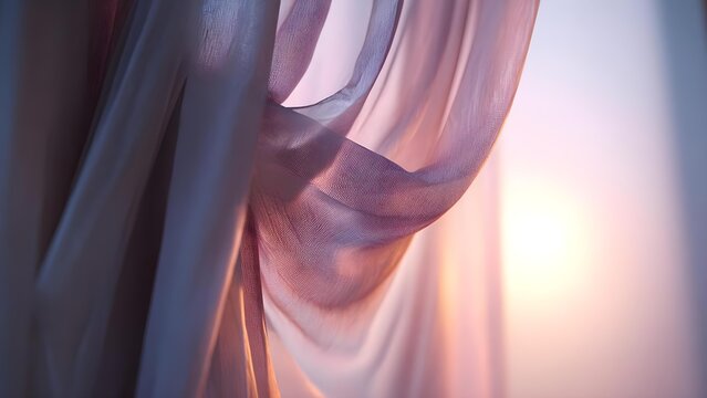 Close-up of pink and purple sheer fabric draped and twisted, backlit by warm sunset light. Concept Pink and purple sheer fabric close-up, Draped translucence, Backlit warm sunset glow, Twisted folds