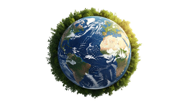 Earth surrounded by lush green trees on a black background