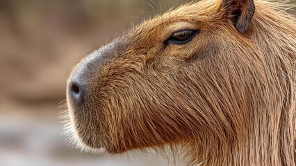 Close-up profile of a brown horse’s head, featuring its nose, eye, and long mane. Concept Close-up horse profile, Brown horse head portrait, Nose and eye detail, Flowing mane portrait
